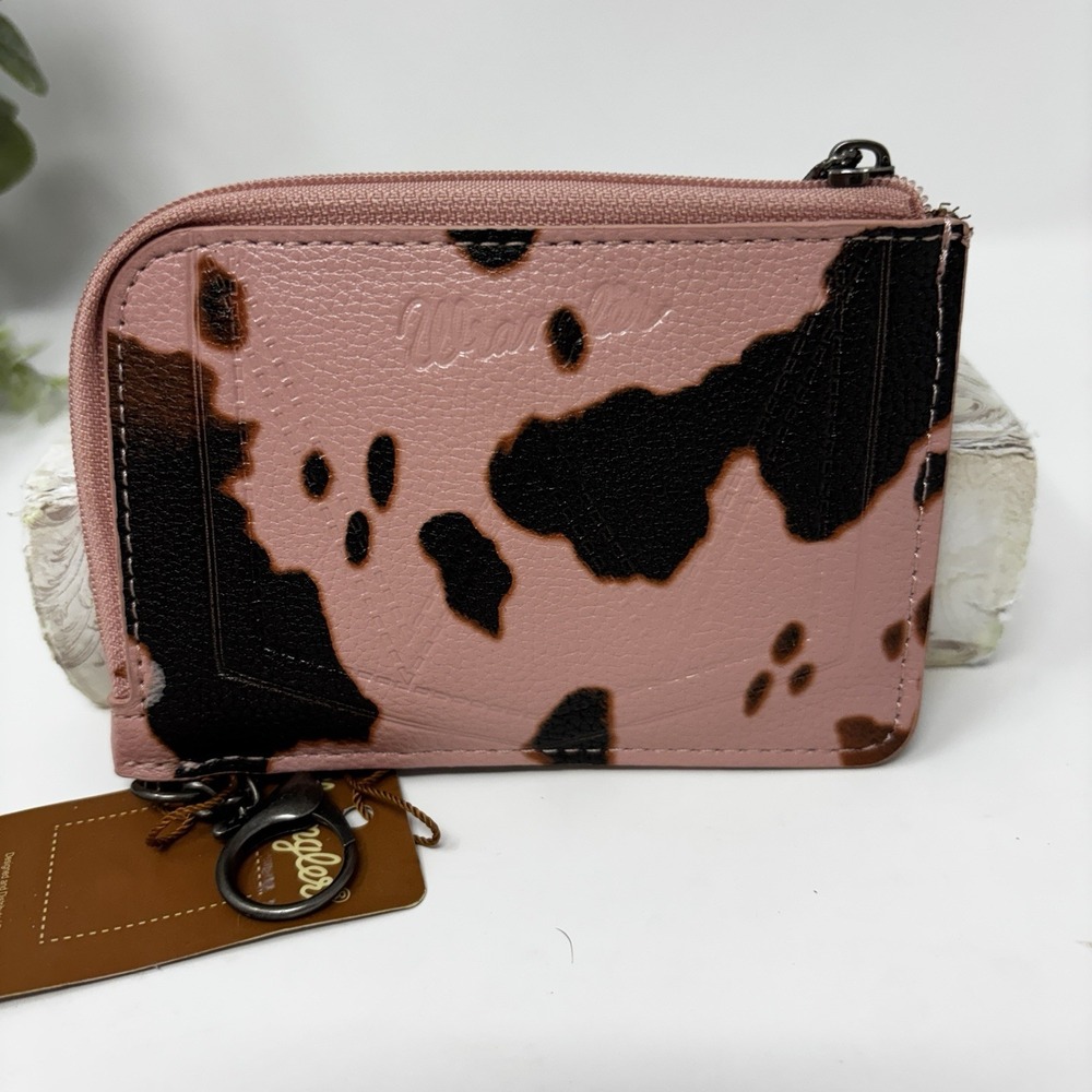 Wrangler Pink Cow Print Wallet Card Holder Zip Keychain Western Cowgirl NWT